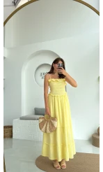 Melon Askılı Gipe Detay Elbise Sarı
