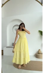 Melon Askılı Gipe Detay Elbise Sarı