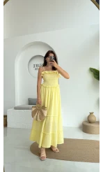 Melon Askılı Gipe Detay Elbise Sarı