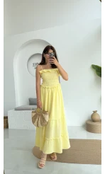Melon Askılı Gipe Detay Elbise Sarı