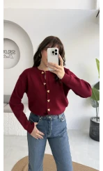 Merly Kalp Düğmeli Triko Hırka - Bordo