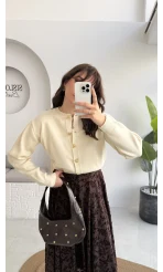 Merly Kalp Düğmeli Triko Hırka - Ekru