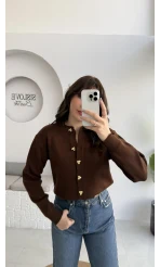 Merly Kalp Düğmeli Triko Hırka - Kahverengi