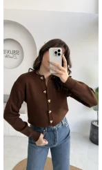 Merly Kalp Düğmeli Triko Hırka - Kahverengi