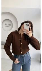 Merly Kalp Düğmeli Triko Hırka - Kahverengi