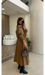 Midi Boy Beli Lastikli Etek - Camel - Kod: 5101
