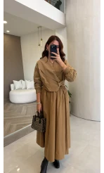 Midi Boy Beli Lastikli Etek - Camel - Kod: 5101