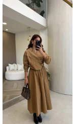 Midi Boy Beli Lastikli Etek - Camel - Kod: 5101
