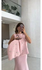 Milano Taş Detay Pelerin Elbise - Pembe - Kod: 204335