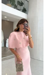 Milano Taş Detay Pelerin Elbise - Pembe - Kod: 204335
