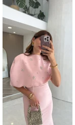 Milano Taş Detay Pelerin Elbise - Pembe - Kod: 204335