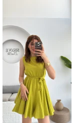 Mimoza Kuşaklı Elbise - Açık Yeşil - 205163
