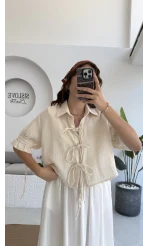 Mina İp Detay Gömlek - Taş - 2111