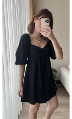 Mira Gofre Kumaş Siyah Elbise