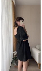 Mira Gofre Kumaş Siyah Elbise