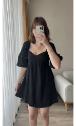 Mira Gofre Kumaş Siyah Elbise
