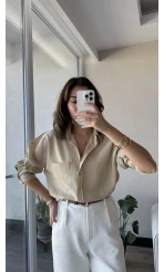 Modal Çizgili Krem Gömlek