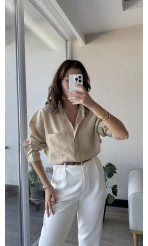 Modal Çizgili Krem Gömlek