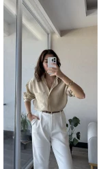 Modal Çizgili Krem Gömlek