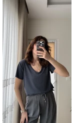 Modal Oys Etiketli V Yaka T-Shirt Antrasit