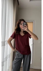 Modal Oys Etiketli V Yaka T-Shirt Bordo