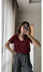 Modal Oys Etiketli V Yaka T-Shirt Bordo