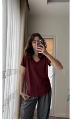 Modal Oys Etiketli V Yaka T-Shirt Bordo