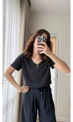 Modal Oys Etiketli V Yaka T-Shirt Küllü Siyah