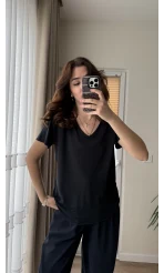 Modal Oys Etiketli V Yaka T-Shirt Küllü Siyah