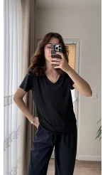 Modal Oys Etiketli V Yaka T-Shirt Küllü Siyah
