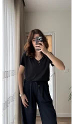 Modal Oys Etiketli V Yaka T-Shirt Küllü Siyah
