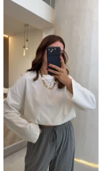 Molina Bisiklet Yaka Basıc Sweatshirt - Beyaz - Kod: 4886