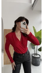 Monica Vatkalı Taşlı Bodysuit Kırmızı