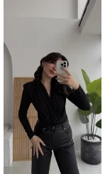 Monica Vatkalı Taşlı Bodysuit Siyah