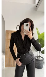 Monica Vatkalı Taşlı Bodysuit Siyah