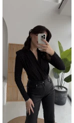 Monica Vatkalı Taşlı Bodysuit Siyah