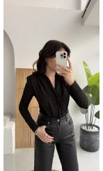 Monica Vatkalı Taşlı Bodysuit Siyah