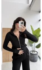 Moses Parmak Geçmeli Kapüşonlu Hırka - Siyah