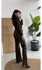 Mumlu Deri Straight Acı Kahve Jean Pantolon - Kod: 1701