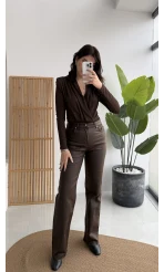 Mumlu Deri Straight Acı Kahve Jean Pantolon - Kod: 1701