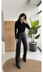 Mumlu Deri Straight Siyah Jean Pantolon - Kod: 1703