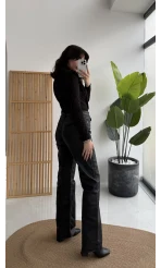 Mumlu Deri Straight Siyah Jean Pantolon - Kod: 1703