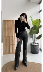 Mumlu Deri Straight Siyah Jean Pantolon - Kod: 1703