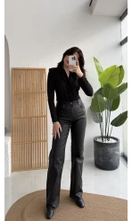 Mumlu Deri Straight Siyah Jean Pantolon - Kod: 1703