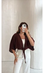 Müslin Bağlamalı Crop Bluz - Kahve - Kod: 4729