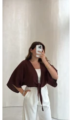 Müslin Bağlamalı Crop Bluz - Kahve - Kod: 4729