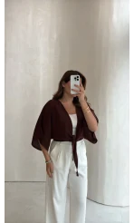Müslin Bağlamalı Crop Bluz - Kahve - Kod: 4729