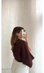 Müslin Bağlamalı Crop Bluz - Kahve - Kod: 4729