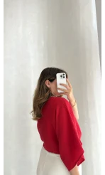 Müslin Bağlamalı Crop Bluz - Kırmızı - Kod: 4729
