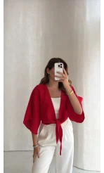 Müslin Bağlamalı Crop Bluz - Kırmızı - Kod: 4729